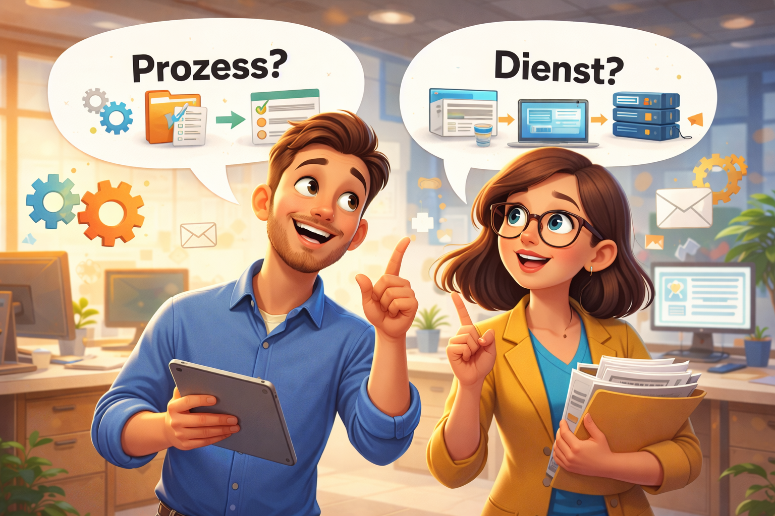 Pixar-artige Illustration: Zwei Verwaltungsmitarbeitende stehen in einem Büro und zeigen jeweils nach oben. In Sprechblasen steht links „Prozess?“ mit Symbolen für Abläufe und Akten, rechts „Dienst?“ mit Symbolen für Online-Formular, IT-Systeme und Server. Beide meinen Ähnliches, verwenden aber unterschiedliche Begriffe – Symbol für Missverständnisse in der Verwaltungsdigitalisierung.