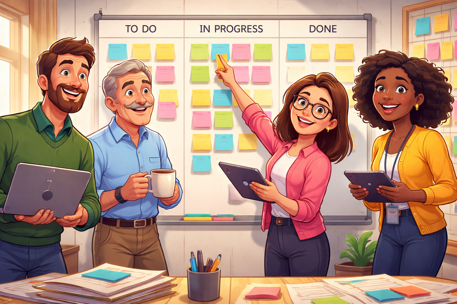 EIne Gruppe Menschen stehen vor einem Kanban Board...