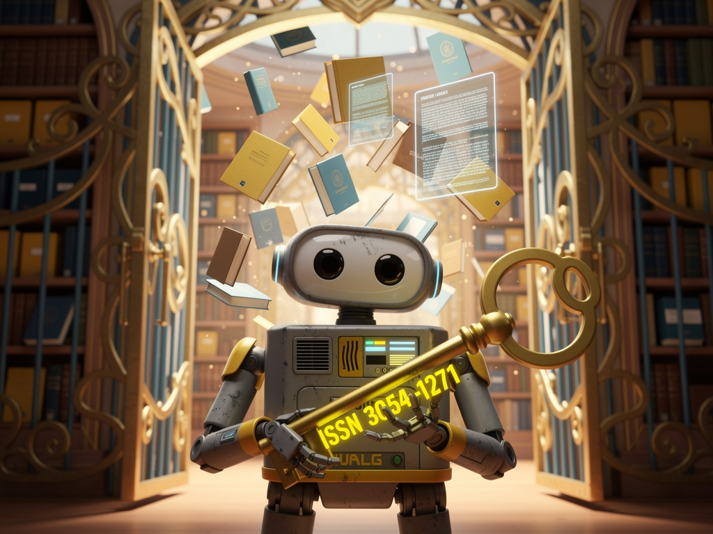 a small robot holding a golden key in front of a door...