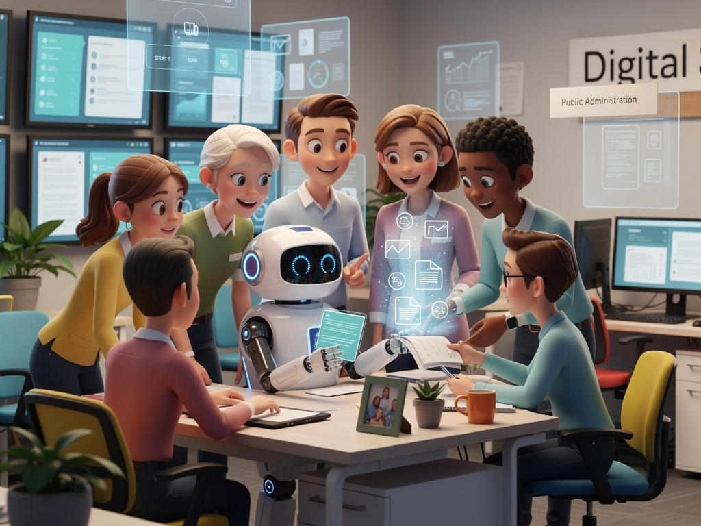 Eine Gruppe Menschen steht in einer Verwaltung um einen sympathischen Roboter herum, der scheinbar ein Formular vorberieitet hat.