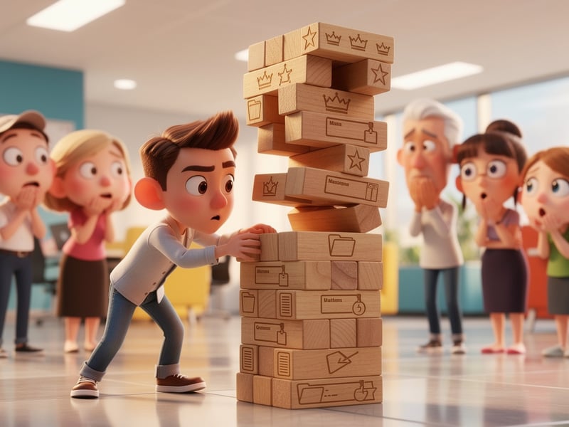 Wackelige Hierarchien, ein Mitarbeiter versucht den Turm zu stabilisieren.