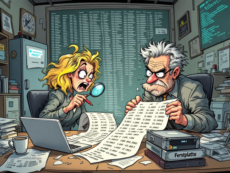 Comicstil, zwei Personen scannen ein ausgedrucktes Logfile, sie wirken hektisch und manisch...